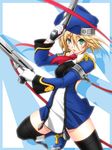  bare_shoulders blazblue blonde_hair bolverk boots detached_sleeves gloves green_eyes gun handgun hat mk-u_(ninja-) necktie noel_vermillion solo thighhighs uniform weapon white_gloves zettai_ryouiki 