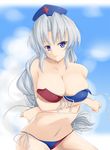  bikini blue_eyes braid breasts cleavage front-tie_top highres large_breasts long_hair side-tie_bikini silver_hair solo swimsuit tipo_(tipoplaza) touhou untied yagokoro_eirin 