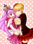  beatrice blush crossover crown dancing drill_hair frills midriff multiple_girls navel one_piece pantyhose perona pink_hair sakuyabm skirt striped striped_legwear thighhighs umineko_no_naku_koro_ni zettai_ryouiki 