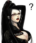  1girl ? bayonetta bayonetta_(character) big_breasts black_hair breasts cleavage female glasses large_breasts long_hair nikoniko-naokao shiny simple_background solo white_background 