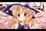  bad_id bad_pixiv_id blonde_hair blue_eyes blush braid cherry_blossoms close-up closed_mouth face hat kirisame_marisa letterboxed looking_at_viewer purple_eyes smile solo tobi_(nekomata_homara) touhou turtleneck wind witch witch_hat 