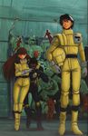  6+boys artist_request black_hair brown_hair char's_counterattack geara_doga gundam hangar helmet jegan long_hair mecha multiple_boys pilot_suit short_hair very_long_hair 