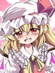  :d blonde_hair blush bow fang flandre_scarlet half-closed_eyes hat hat_bow head_tilt looking_at_viewer medium_hair open_mouth pink_background red_eyes shino_(ponjiyuusu) side_ponytail smile solo touhou upper_body wings 