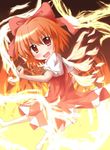  achi_cirno alternate_color alternate_element barefoot cirno fire hair_ribbon open_mouth red_eyes red_hair resized ribbon short_hair solo touhou yuya_(minus-k) 