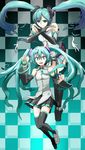  aqua_eyes aqua_hair checkered checkered_background detached_sleeves dual_persona elbow_gloves empty_eyes fingerless_gloves gloves hatsune_miku hatsune_miku_(append) ikusotsu legs long_hair multiple_girls thighhighs twintails very_long_hair vocaloid vocaloid_append zettai_ryouiki 