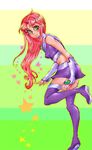  1girl alien boots cartoon_network chie_(artist) dc_comics female fingerless_gloves gloves green_eyes long_hair looking_back miniskirt orange_hair purple_shoes purple_skirt skirt solo starfire tank_top tanktop teen_titans thigh-highs thigh_boots thighhighs vambraces 