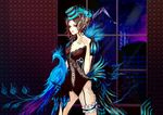  bird blue_eyes breasts brown_hair cleavage feathers garters hat lips medium_breasts original peacock prodigy_bombay solo top_hat 