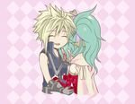  1girl asu_(asoras) blonde_hair blush chibi cloud_strife couple dissidia_final_fantasy final_fantasy final_fantasy_vi final_fantasy_vii gloves green_hair hetero smile tina_branford 