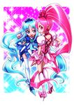  blue_eyes blue_hair blue_skirt boots bow chiba_toshirou choker cure_blossom cure_marine earrings hair_ornament hanasaki_tsubomi heart heartcatch_precure! jewelry knee_boots kurumi_erika legs long_hair magical_girl multiple_girls pink_bow pink_choker pink_eyes pink_hair ponytail precure skirt smile thighhighs very_long_hair white_legwear 