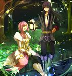  1girl bad_id bad_pixiv_id black_eyes black_hair boots estellise_sidos_heurassein gloves grey_footwear knee_boots lamp nature ouri pink_hair short_hair smile tales_of_(series) tales_of_vesperia yuri_lowell 