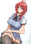  ahoge black_legwear blue_eyes blush breasts dutch_angle kano_(kanograph) large_breasts long_hair oribe_mafuyu red_hair seikon_no_qwaser sitting skindentation smile solo thighhighs 