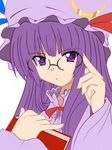  adjusting_eyewear bad_id bad_pixiv_id bespectacled book bow crescent glasses hair_bow hair_ribbon hat long_hair nattsu_kei patchouli_knowledge purple_eyes purple_hair ribbon solo touhou 