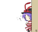  blush chibi frills hat nagae_iku peeking_out purple_hair ribbon solo touhou yamabuki_(yusuraume) |_| 
