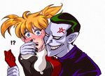  !? 1boy 1girl batman_(series) blonde_hair blue_eyes blush bodysuit couple dc_comics green_hair grin harley_quinn long_hair red_eyes return_of_the_joker short_hair smile the_joker time_paradox twintails yamaneko_tora 