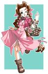  1girl aerith_gainsborough basket belt boots bracelet brown_hair dress female final_fantasy final_fantasy_vii full_body green_eyes highres jacket jewelry long_hair open_mouth pink_ribbon ribbon solo wink yo_ne_suke yonesuke 