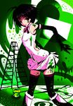  ahoge bad_id bad_pixiv_id black_hair black_legwear boots cute_&amp;_girly_(idolmaster) elbow_gloves gloves green_eyes highres idolmaster idolmaster_(classic) kikuchi_makoto ladder natsu_(anta_tte_hitoha) paint scissors short_hair solo thighhighs zettai_ryouiki 