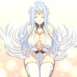  bare_shoulders blue_hair breasts cleavage closed_eyes copyright_request hands_clasped huge_breasts kneeling long_hair magaki_ryouta own_hands_together solo thighhighs white_legwear 