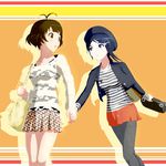  1girl ace_rocket akizuki_ryou bag blush brown_eyes brown_hair casual crossdressing handbag hat holding_hands idolmaster idolmaster_dearly_stars mizutani_eri otoko_no_ko 