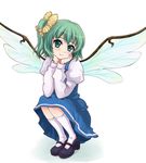  blue_door blush bow chin_rest daiyousei fairy green_hair hair_bow hands_on_own_face kneehighs mary_janes shoes short_hair side_ponytail smile socks solo touhou white_legwear wings 