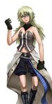  bare_shoulders belt blonde_hair blue_eyes boots breasts cleavage final_fantasy final_fantasy_xiii genderswap genderswap_(mtf) gloves highres irie long_hair medium_breasts navel shorts simple_background sleeveless smile snow_villiers solo strap zipper 