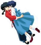  1girl black_hair blue_dress blue_eyes blue_hair blush braid brown_eyes chinese_clothes dress dress_shirt dutch_angle fuurinkan_high_school_uniform holding hug long_sleeves morie ranma_1/2 saotome_ranma school_uniform shirt short_hair simple_background single_braid tendou_akane white_background 