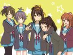  alternate_hairstyle asahina_mikuru brown_eyes brown_hair cardigan genderswap genderswap_(mtf) grey_hair hair_bobbles hair_ornament hair_ribbon high_ponytail kita_high_school_uniform koizumi_itsuki_(female) kyonko long_hair multiple_girls nagato_yuki pantyhose ponytail r_(sena007) ribbon school_uniform serafuku short_hair suzumiya_haruhi suzumiya_haruhi_no_yuuutsu topknot 