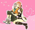  1girl closed_eyes couple elbow_gloves final_fantasy final_fantasy_xiii gloves hetero highres hope_estheim hug kiss lightning_farron mayanori_(oik) sitting 