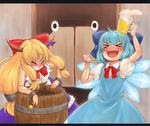  alcohol beer blonde_hair blue_hair bow chain cirno cirno_&amp;_beer_(touhou_pv) drunk hair_bow horns ibuki_suika long_hair multiple_girls pleiad short_hair touhou wings 