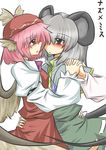  absurdres animal_ears arm_around_waist bad_id bad_pixiv_id blush capelet goma_(gomasamune) grey_hair hat highres holding_hands imminent_kiss interlocked_fingers jewelry mouse_ears mouse_tail multiple_girls mystia_lorelei nazrin pendant pink_hair red_eyes short_hair tail touhou translated wings yuri 