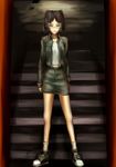  amasawa_yuuko brown_eyes brown_hair dennou_coil glasses jacket midriff pencil_skirt short_hair skirt solo stairs twintails yosa 