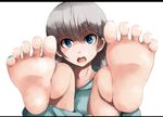  aqua_nails barefoot blue_eyes eila_ilmatar_juutilainen feet hood hoodie legs_up long_hair nail_polish open_mouth pov_feet rosettastone silver_hair soles solo strike_witches world_witches_series 