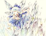  cirno flying frog hair_ribbon ice kana_komachi no_nose outstretched_arms outstretched_hand ribbon solo touhou traditional_media watercolor_(medium) wings 