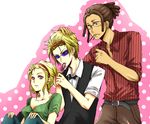  2boys blonde_hair bow bowtie durarara!! hair_ornament hairclip hairlocs headband heiwajima_shizuo kaforio_kaforio multiple_boys purple_eyes short_hair sunglasses tanaka_tom vorona 