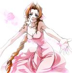  1girl aerith_gainsborough bare_shoulders braid brown_hair dress female final_fantasy final_fantasy_vii green_eyes long_hair lowres open_mouth pink_ribbon ribbon single_braid solo white_background yo_ne_suke 