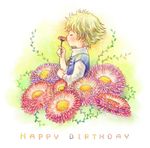  butz_klauser closed_eyes cocura commentary_request final_fantasy final_fantasy_v flower green_hair happy_birthday male_focus smelling smile solo younger 