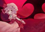  bat_wings brooch full_moon gloves hat jewelry lavender_eyes moon nanaran outstretched_arms pale_skin red_eyes red_moon red_sky remilia_scarlet scarlet_devil_mansion sky smile solo spread_arms touhou wings 