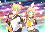  1girl aqua_eyes banned_artist belt blonde_hair bow brother_and_sister detached_sleeves grin hair_bow hair_ornament hairclip kagamine_len kagamine_rin microphone microphone_stand midriff navel one_eye_closed ria shorts siblings smile star twins vocaloid 