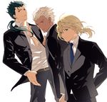 2boys ahoge ame_(conronca) androgynous archer artoria_pendragon_(all) dark_skin dark_skinned_male dutch_angle fate/stay_night fate_(series) formal hand_in_pocket jacket lancer multiple_boys necktie open_clothes open_shirt pant_suit ponytail reverse_trap saber shirt simple_background suit unbuttoned 