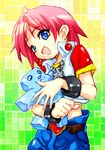  bad_id bad_pixiv_id beauty belt blue_eyes bobobo-bo_bo-bobo denim earrings jeans jelly_jiggler jewelry midriff pants pink_hair shirt short_hair smile standing stuffed_animal stuffed_toy z4 