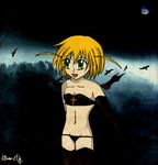  bad_anatomy bat_wings bikini bird cloud cross crow dark demon_wings fang gothic green_eyes highres latex lolita_fashion luste_teuber moon rosenkreuzstilette solo swimsuit vampire wings 