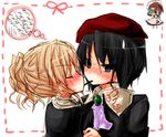  2girls bad_id bad_pixiv_id beret black_hair blonde_hair blush brown_hair food hat kanon_(umineko) maid multiple_girls nanase_(ribonshitoron) pocky pocky_kiss ponytail shannon shared_food umineko_no_naku_koro_ni ushiromiya_jessica 