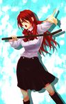  bad_id bad_pixiv_id boots bow highres kirijou_mitsuru knee_boots lead_pipe long_hair matano_maya open_mouth persona persona_3 pointing red_eyes red_hair ribbon school_uniform skirt solo 