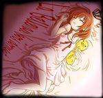  barefoot blush brown_hair chemise closed_eyes crown doll doll_hug flat_chest konoe_(fogtracks) legs lying on_back open_mouth ribbon sakutarou sleeping solo strap_slip umineko_no_naku_koro_ni ushiromiya_maria 