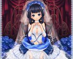  bad_id bad_pixiv_id black_hair blue_flower blue_hair blue_rose breasts cleavage detached_sleeves dress earrings flower gradient_hair jewelry kaya8 long_hair medium_breasts multicolored_hair navel original rose solo 