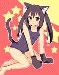  animal_ears bad_id bad_pixiv_id barefoot black_hair brown_eyes cat_ears gloves k-on! long_hair nakano_azusa one-piece_swimsuit pimo school_swimsuit solo swimsuit twintails 