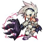  armor barioth_(armor) blue_eyes chibi gauntlets grin hammer monster_hunter smile solo white_hair zankuro 