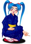  blue_hair japanese_clothes kimono kneeling long_hair masaki_sasami_jurai pink_eyes shadow simple_background smile tenchi_muyo tenchi_muyou! twintails yukata 