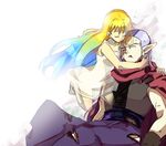  1boy 1girl blonde_hair blue_hair cape chrono_(series) chrono_cross chrono_trigger cut cuts dress eyes_closed female gradient_hair hug injury kid_(chrono_cross) kneeling lying magus male mituihisasi multicolored_hair pants pointy_ears purple_hair schala_zeal serge white_dress wounded 