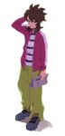  bad_id bad_pixiv_id baggy_pants fudou_akio gorgomm inazuma_eleven inazuma_eleven_(series) inazuma_eleven_go jacket male_focus newspaper pants shirt solo striped striped_shirt 