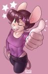  anthro black_pants clothed clothing female fully_clothed green_eyes hair leotard maisie_whisk mammal mouse one_eye_closed purple_clothing rodent short_hair siden simple_background smile solo thumbs_up wick_(artist) wink 